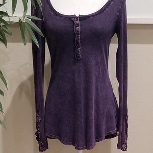 Distressed Purple Plum Top w/ Crochet Bell Sleeves